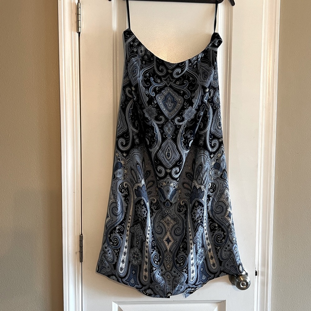 Paisley pattern skirt with dark blues, sky blue, and hints of cream.